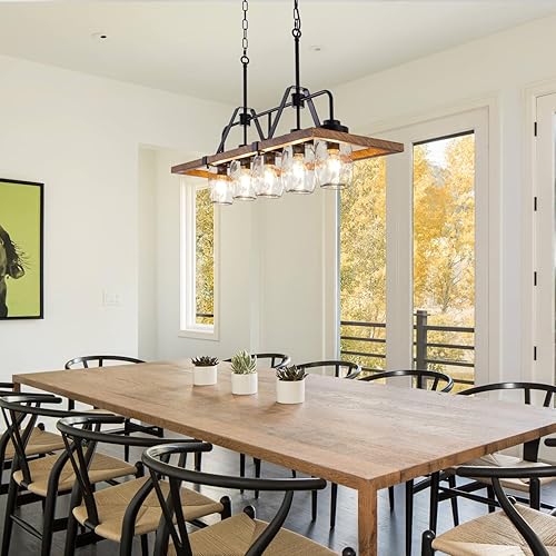 Miniatura 3 de Wellmet Lámpara de araña de isla de cocina, tarro de masón, lámpara colgante de 5 luces de pintura de madera para sala de estar, mesa de comedor,