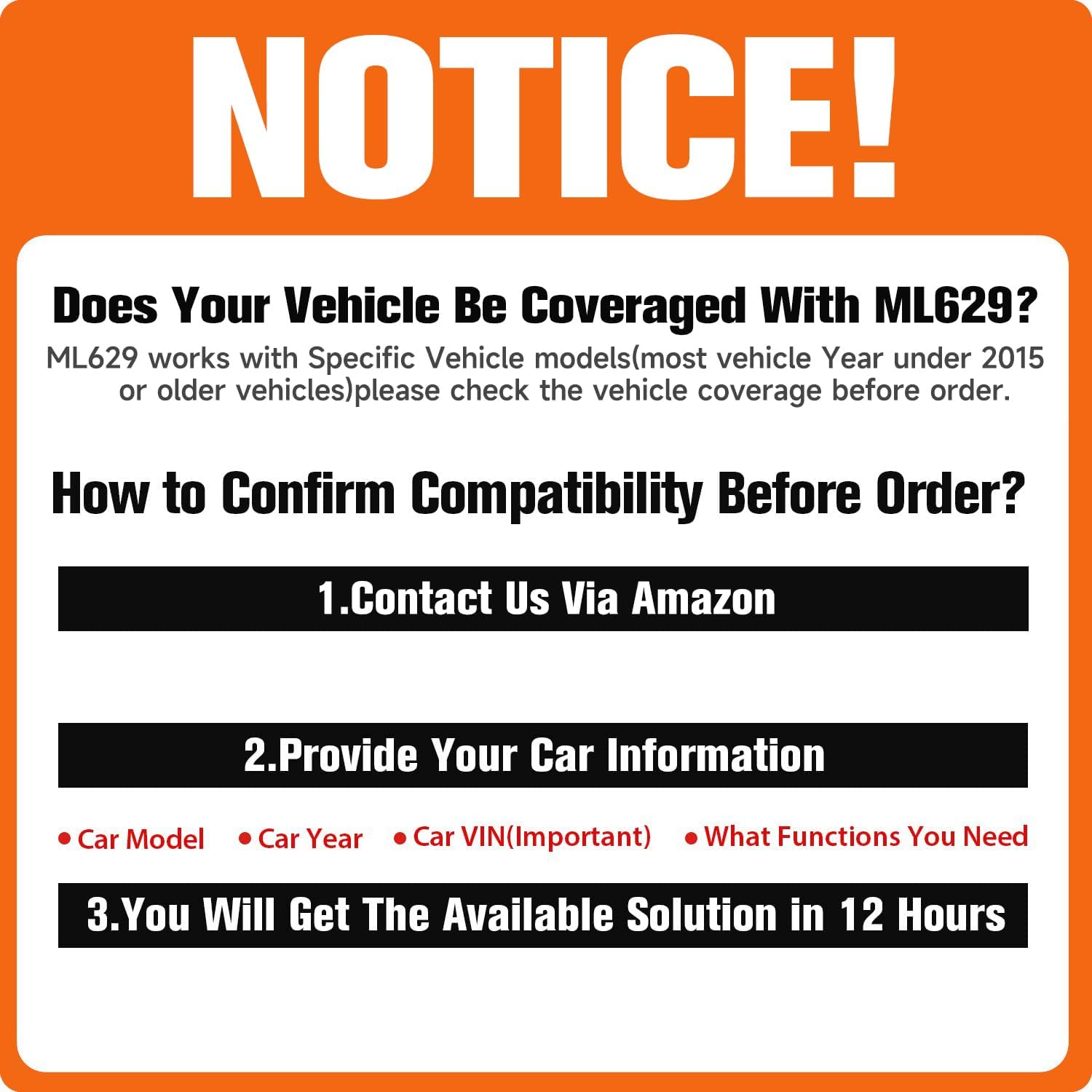 Notice regarding vehicle compatibility for Autel ML629