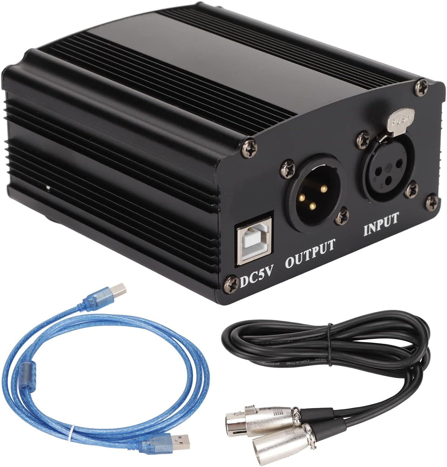 Imaginea 48V Phantom Power Supply – 1-Channel XLR USB Adapter for Condenser Microphone | Low Noise, Portable, Plug & Play Audio Interface with XLR Cable & USB Cable