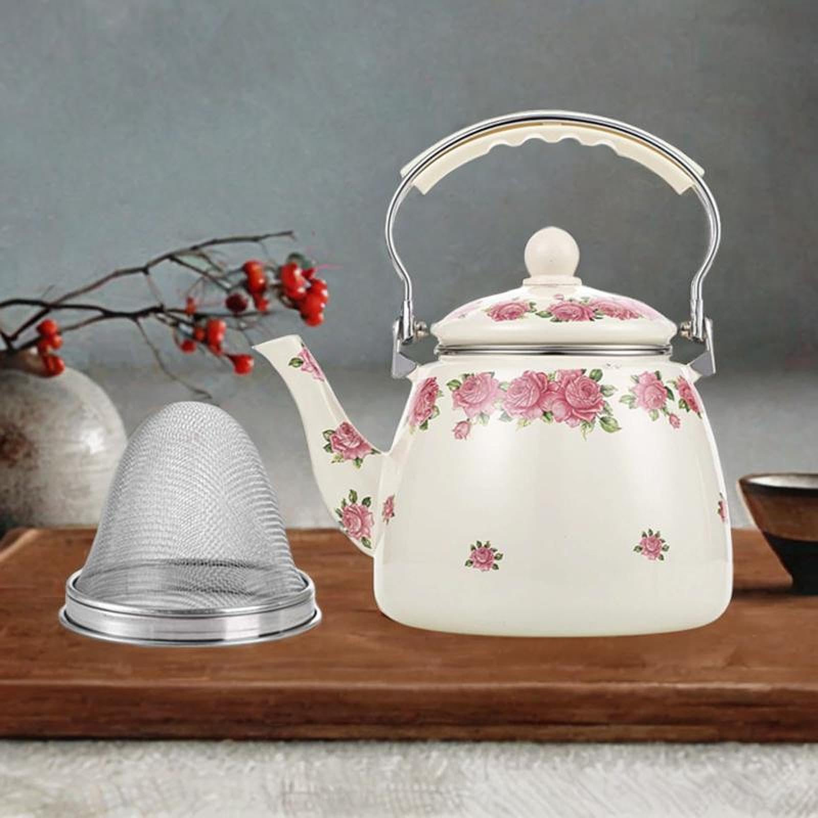 Emaille-Teekessel, Wasserkocher, 3,3 l, robuste Vintage-Blumen-Emaille-Kanne, Kaffeekanne für Zuhause, Restaurant, Kaffee, Tee, heißes Wasser, Rosa