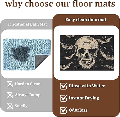 Miniatura 6 de Tapete para puerta de entrada de Halloween con diseño de calavera de murciélago, tapete para entrada al aire libre, interior, cocina, baño,