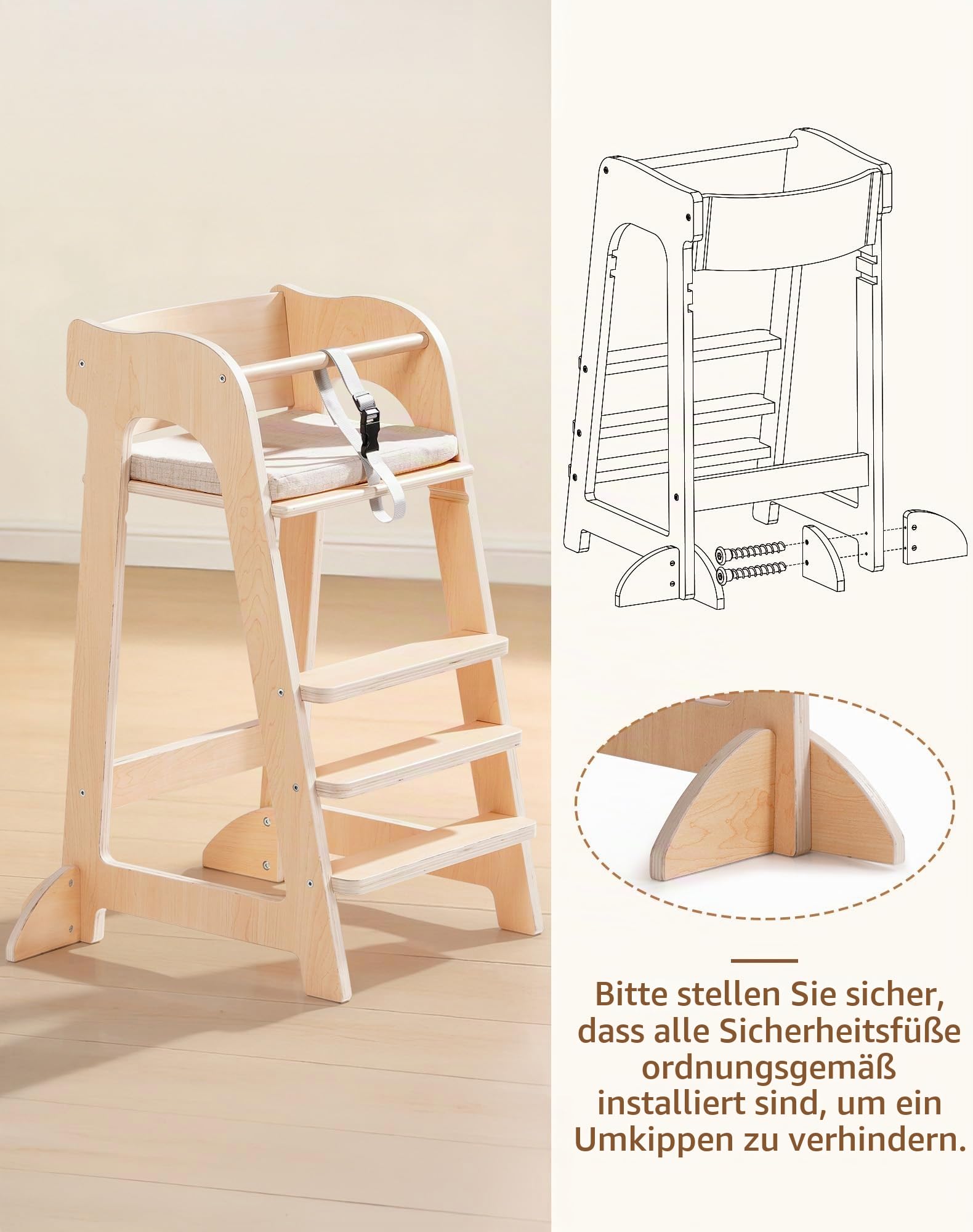 ROBUD Multifunktionaler Holzhochstuhl für Kinder, mit Sicherheitsgurt 6M+