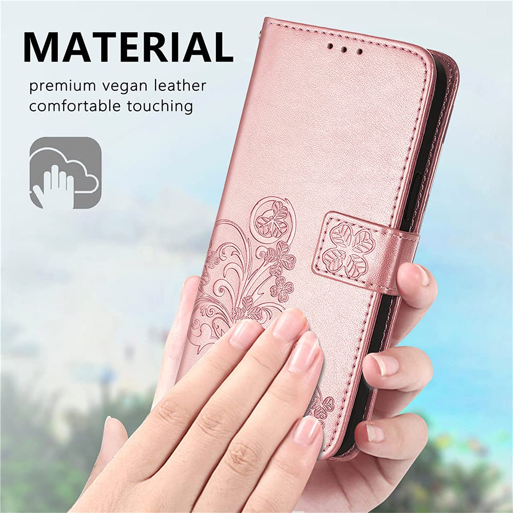 RonRun per Cover Oppo A94 5G Flip Caso in PU Pelle Portafoglio Custodia Portafoglio Magnetica Stampa quadrifoglio Cover per Oppo A94 5G Oro rosa
