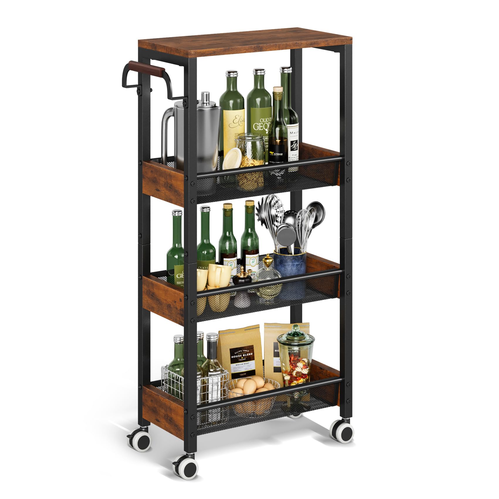 4 Tier Slim Storage Cart with Wheels for Kitchen, Narrow Rolling Utility Cart with Wood Top& Wood Handle for Small Space, Skinny Metal Organization Trolley Laundry Slim Storage Cart 7.9"