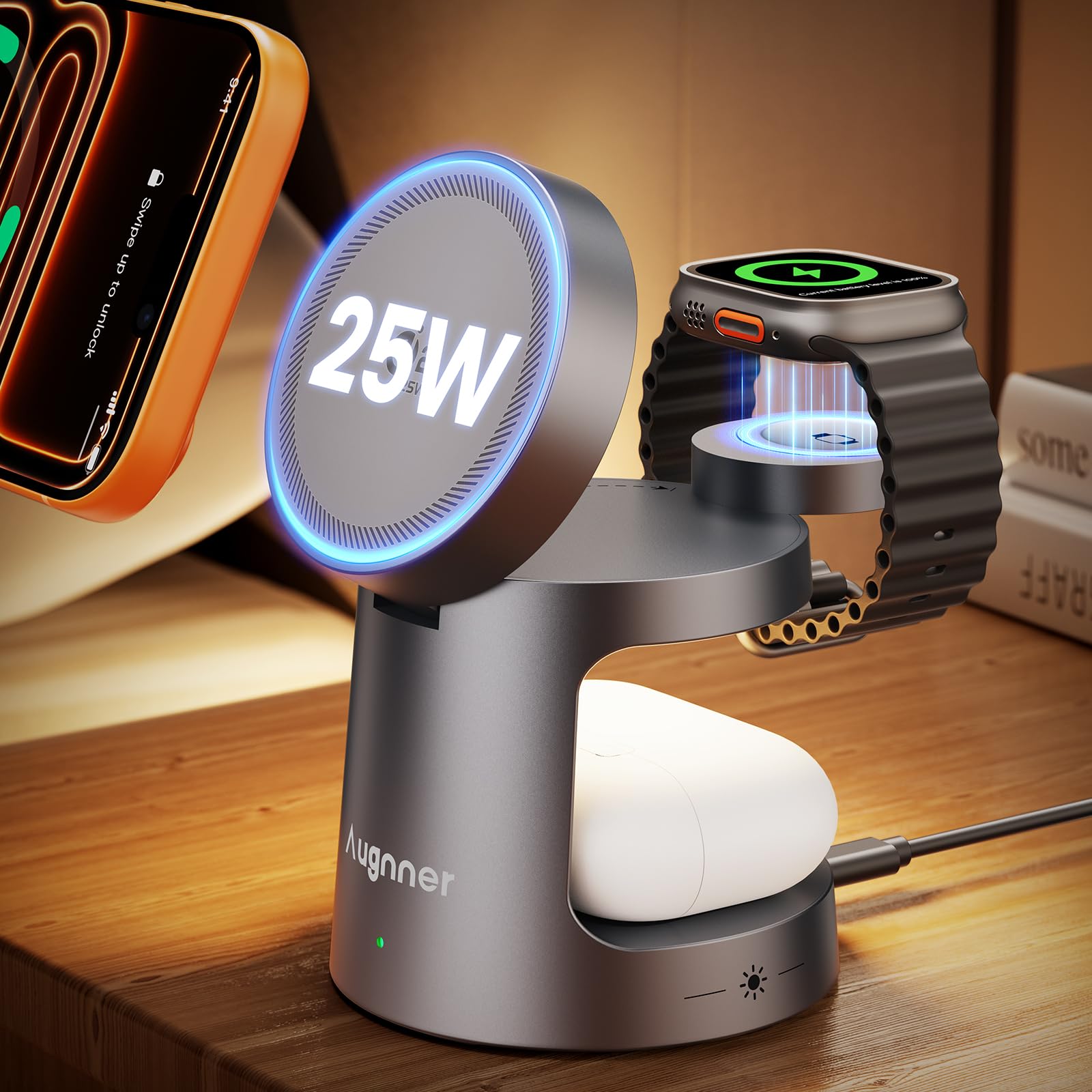 Station de Charge Magnétique Qi2.2 25W，Chargeur sans Fil 3 en 1 Pliable pour iP17/16/15/14/13/12,Support de Recharge Qi2 Compatible pour Apple Watch AirPods, Adaptateur 45W Inclus