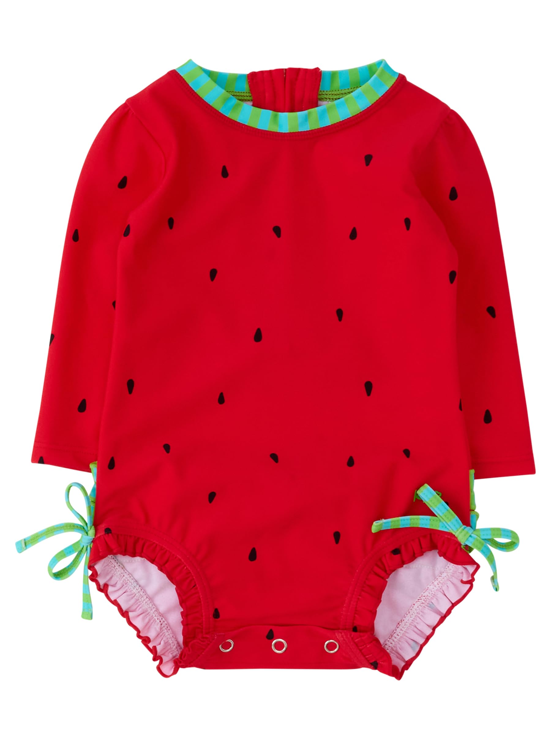 RuffleButts Baby Girls Novelty Baby One Piece - Rash Guard Swimsuit | 80% Nylon 20% Spandex, UPF 50+, Lightweight, Medium Stretch, Full Seat Coverage, Bottom Snaps, Unlined, Infant Beach Swim