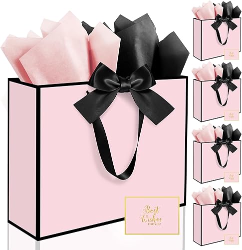 Vista 18 de Ethhqu Paquete de 5 elegantes bolsas de regalo grandes con asas, 12.6 x 10 x 4 pulgadas, incluye papel de seda y tarjetas para cumpleaños, baby 5