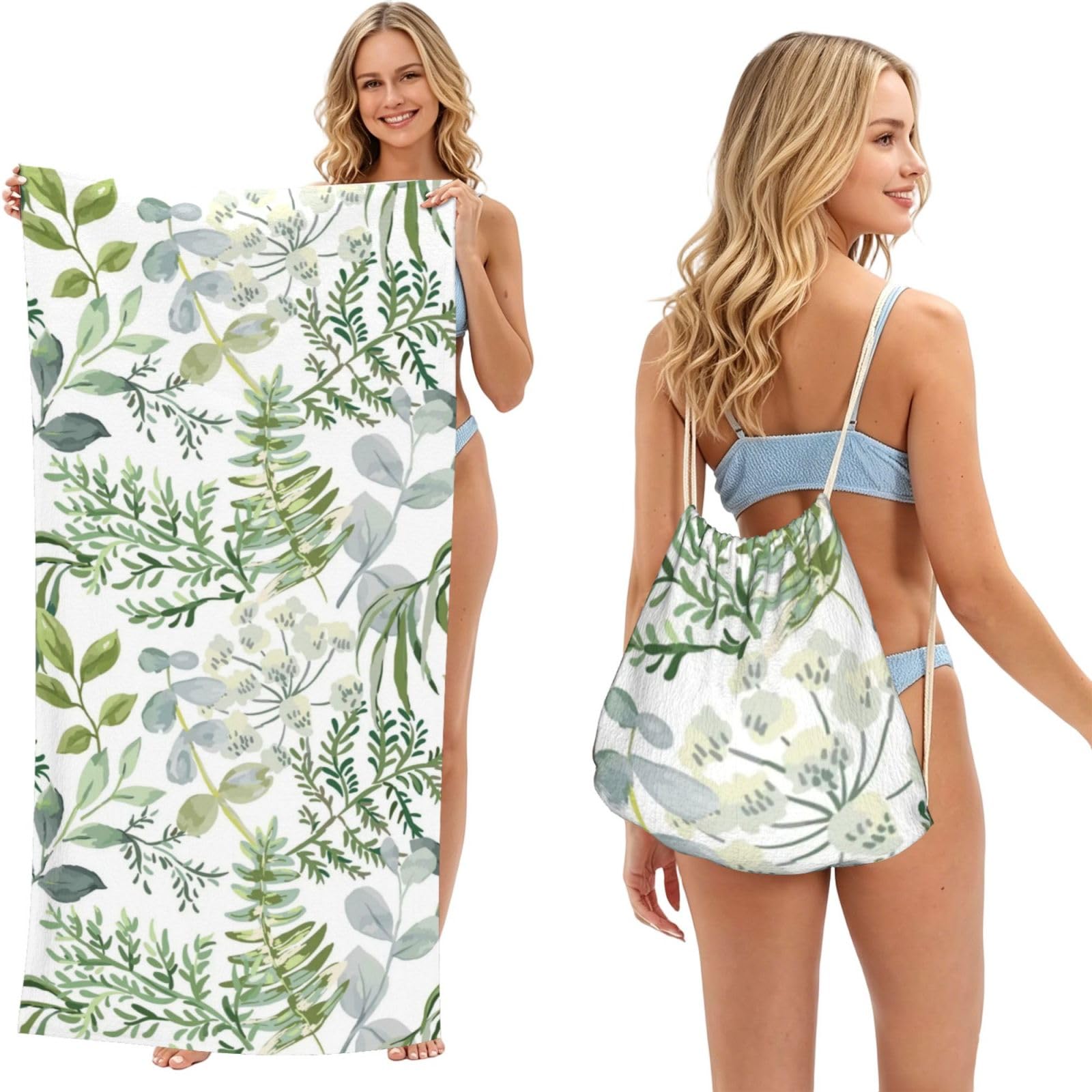 Poadnly Green Plant Green Fern, 2 in 1 Packable Towel Bag, Beach Towels with Drawstring Backpack for Travel Holiday Camping