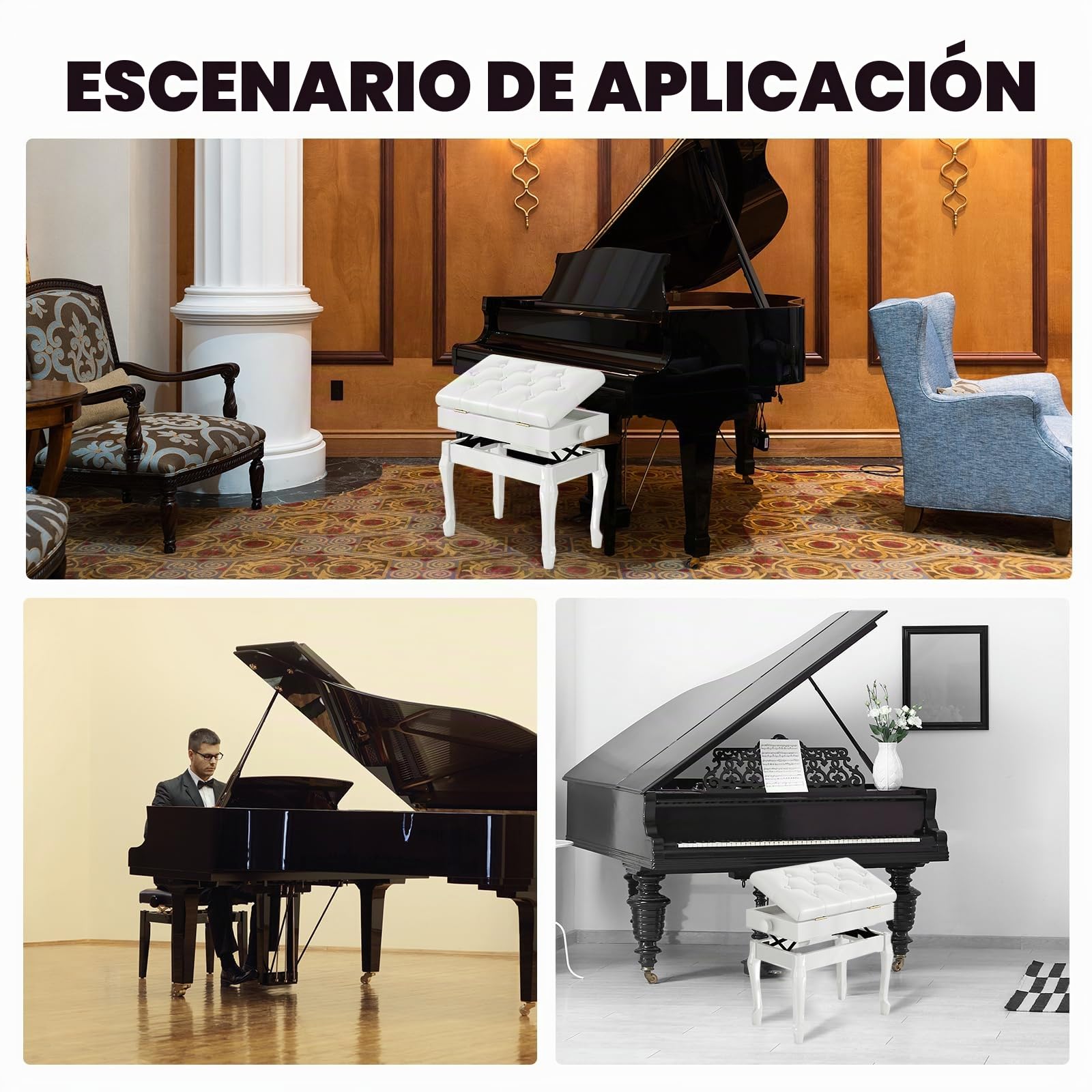 Banco de Piano de Cuero PU Engrosado con 10 Botones, Patas Curvas de Madera Maciza Ajustable en Altura, Blanco con Compartimento Almacenamiento