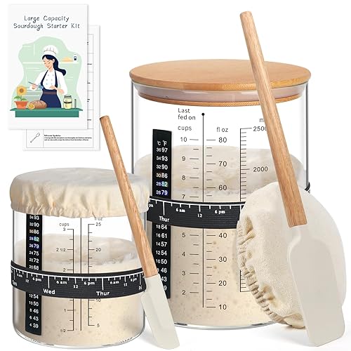 100oz/30oz Sourdough Starter Kit Set of 2, Extra Large Capacity Sourdough Starter Glass Jar with Silicone Spatula,Thermometer,Feeding Band,Sourdough Bread Baking Supplies - 100oz/30oz
