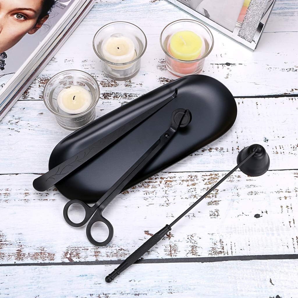 OwnMy 4 in 1 Candle Accessory Set - Candle Wick Trimmer, Candle Wick Dipper, Candle Wick Snuffer, Storage Tray Plate, Candle Care Tools Gift for Candle Lovers (Black)