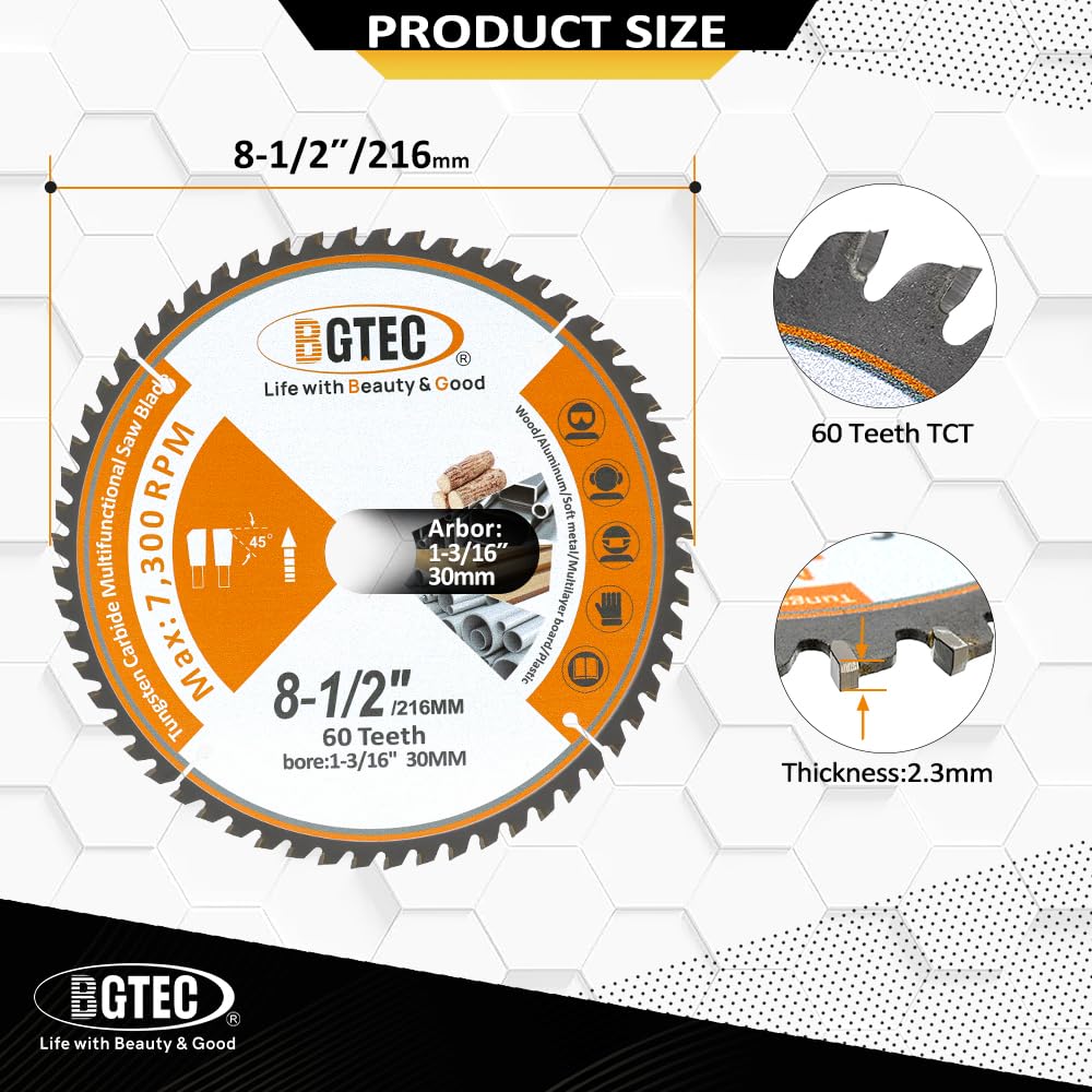 TCT Circular Saw Blade - 216mm x 30mm General Purpose Blade for Wood Aluminium Plastic Copper BGTEC, Silver - Image 2