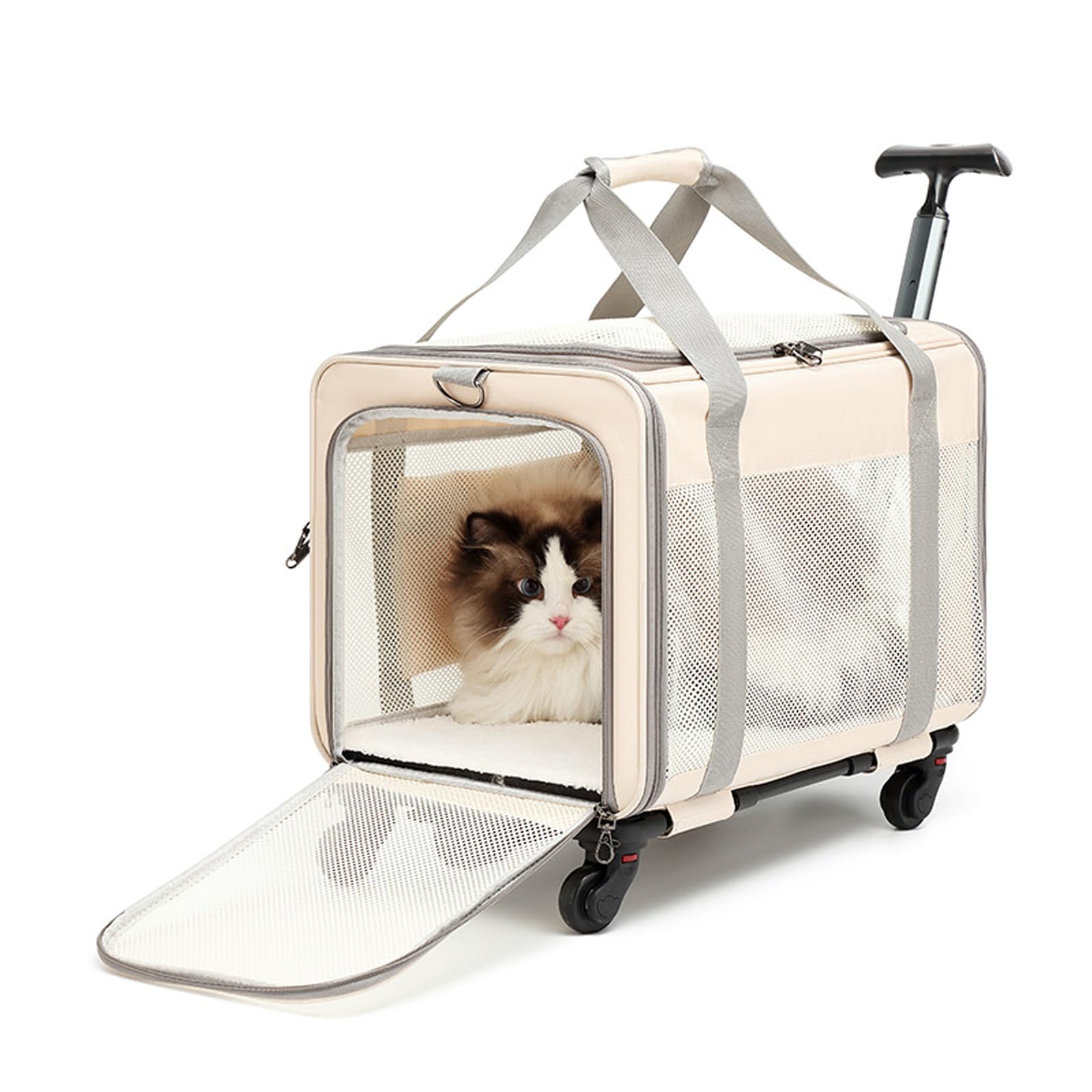 Mochila De Viaje con Ruedas, Bolsa Trasportín De Viaje para Perros Gatos, Transportador con Almohadillas Y Manija Telescópica para Mascotas Pequeñas Medianas,Beige