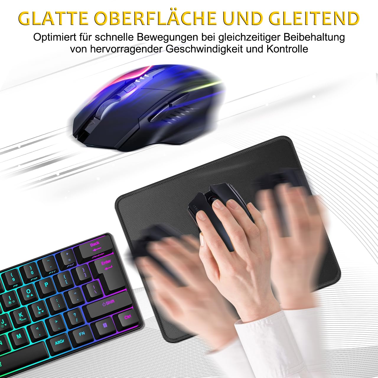 JIKIOU Mauspad, 3er-Pack, Mauspad mit genähtem Rand, rutschfeste Gummiunterseite, waschbar, mit Lycra-Tuch für Gaming, Zuhause und Büro, Schwarz