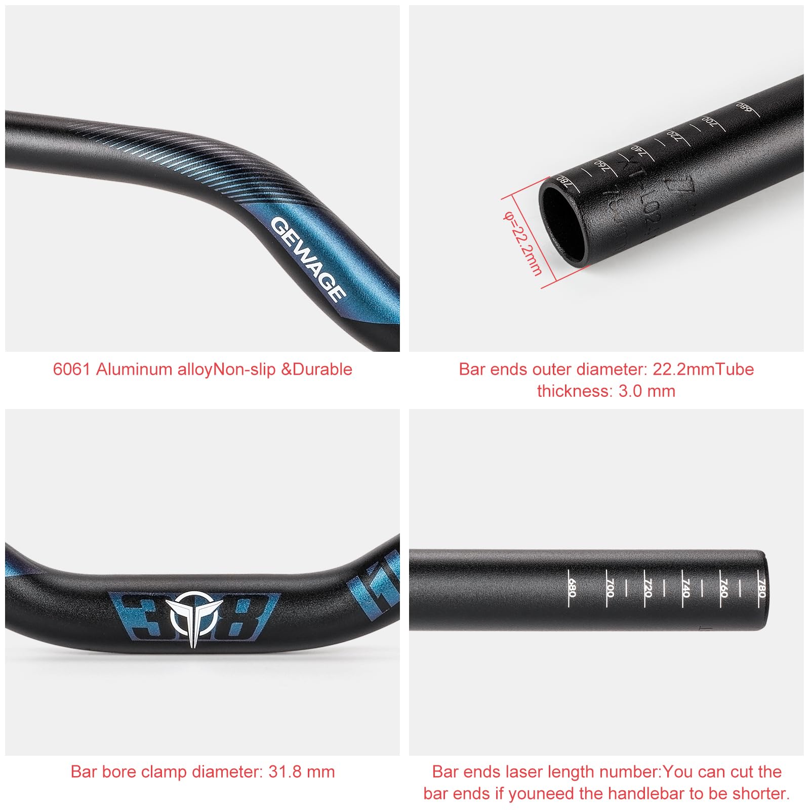 Guidon de vélo 31,8 cm – 25 mm, 55 mm, 70 mm, 90 mm, 120 mm – Guidon de vélo en alliage d'aluminium de 780 mm (120 mm d'élévation)