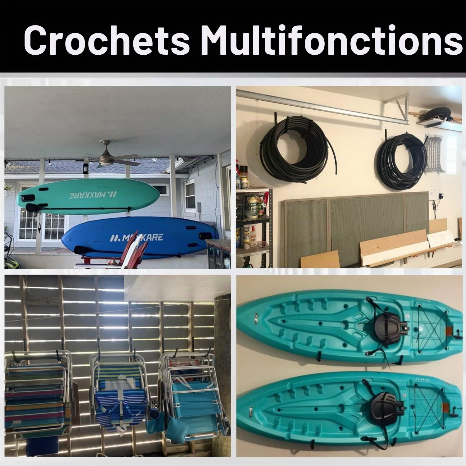 Crochet de rangement de garage robuste, crochets d’échelle muraux de 8 packs avec bras jumbo de 32,5 cm, crochets de garage pour vélo, chaise pliante, articles en vrac
