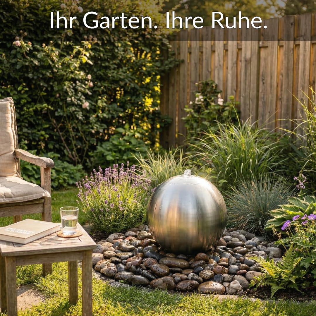 Kugelbrunnen aus matt gebürstetem Edelstahl D: 38 cm – Edelstahlkugel matt für Gartenbrunnen, Wasserspiel Garten, 30 mm Lochbohrung, 1/2 Zoll Schlauchanschluss, Edelstahlbrunnen für DIY Brunnenanlagen