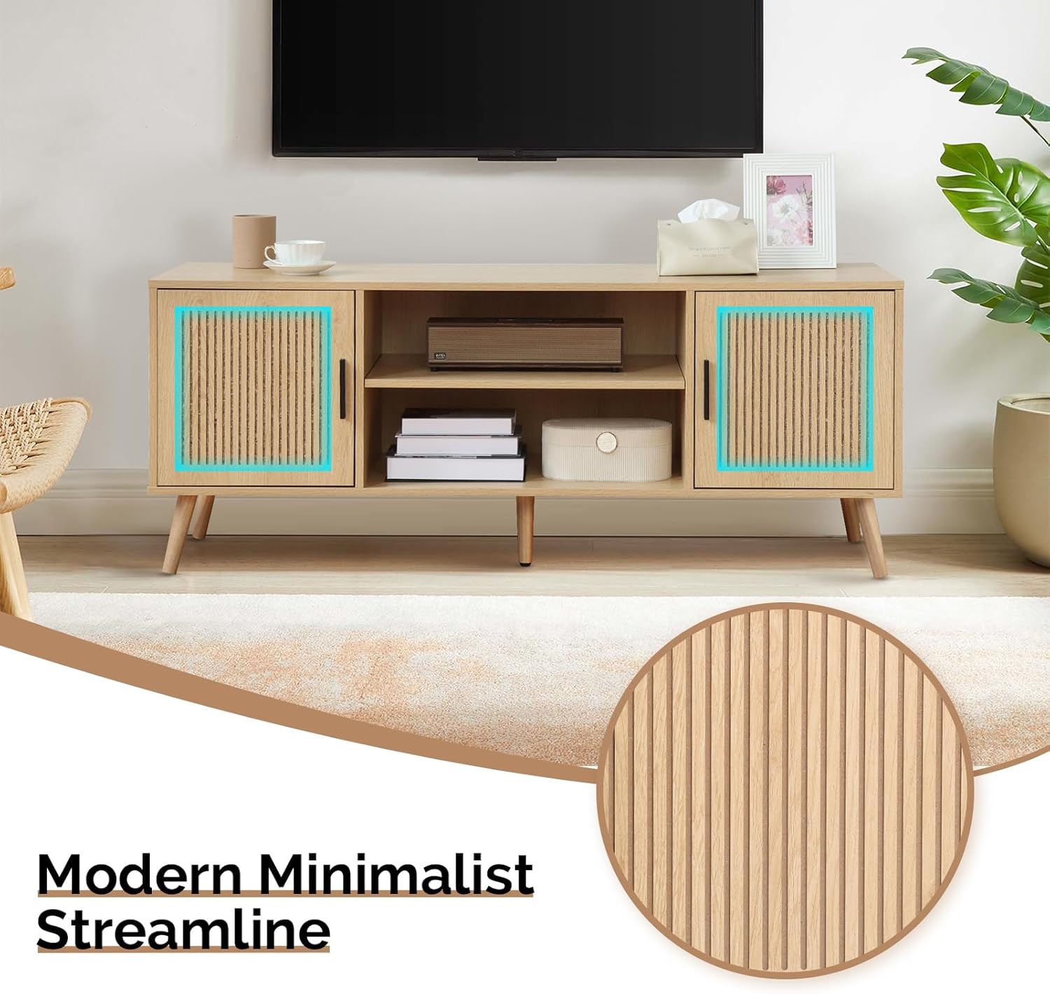 Modern TV Stand for 65 Inch TV, Entertainment Center with 2 Storage Cabinets and Adjustable Shelf, Solid Wood Feet, 4 Cord Holes, Groove Stripe Media TV Console Table for Living Room Bedroom (Natural)