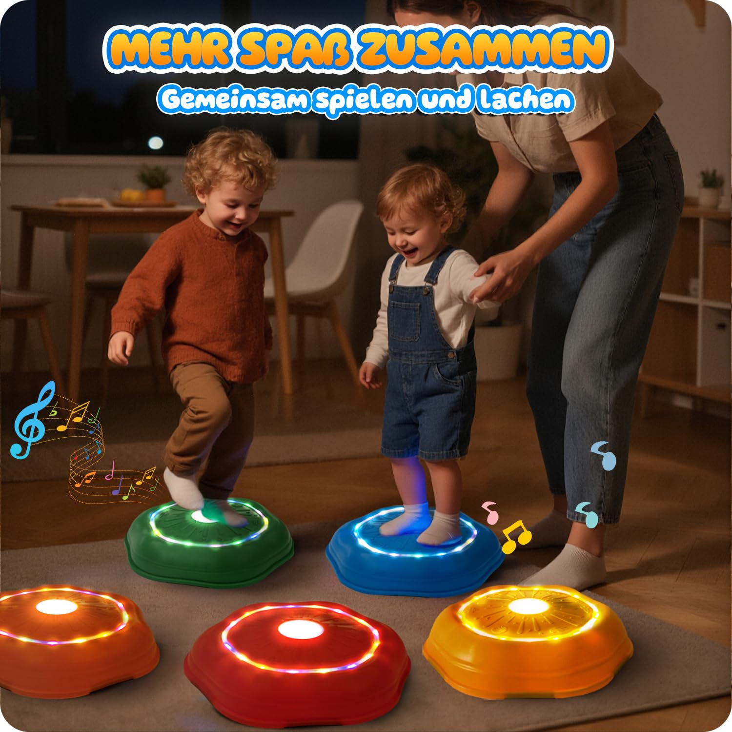 Lot de 5 pierres empilables pour enfants, avec lumière et musique, pierres d'équilibre, pour l'intérieur et l'extérieur, antidérapantes, empilables, pour la motricité et l'entraînement d'équilibre à