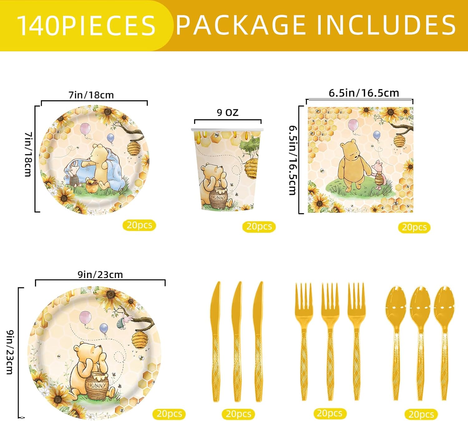 140pcs Classic Bear Baby Shower Decorations Baby Shower Party Tableware with Plates, Napkin, Forks, Cups for Birthday Party Supplies Set Serves 20 Guests (Yellow)