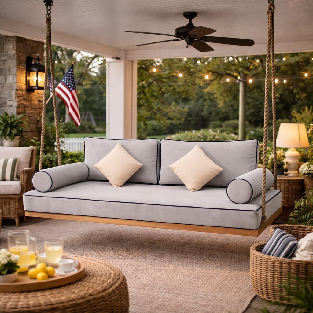 Outdoor Twin Daybed Cushion Set, 7-Piece Patio Swing Bed Mattress with Bolster & Back Pillows, Soft Comfortable Fade-Resistant Cushions with Non-Slip Backing, 75" x 39" x 6" Blue-Gray