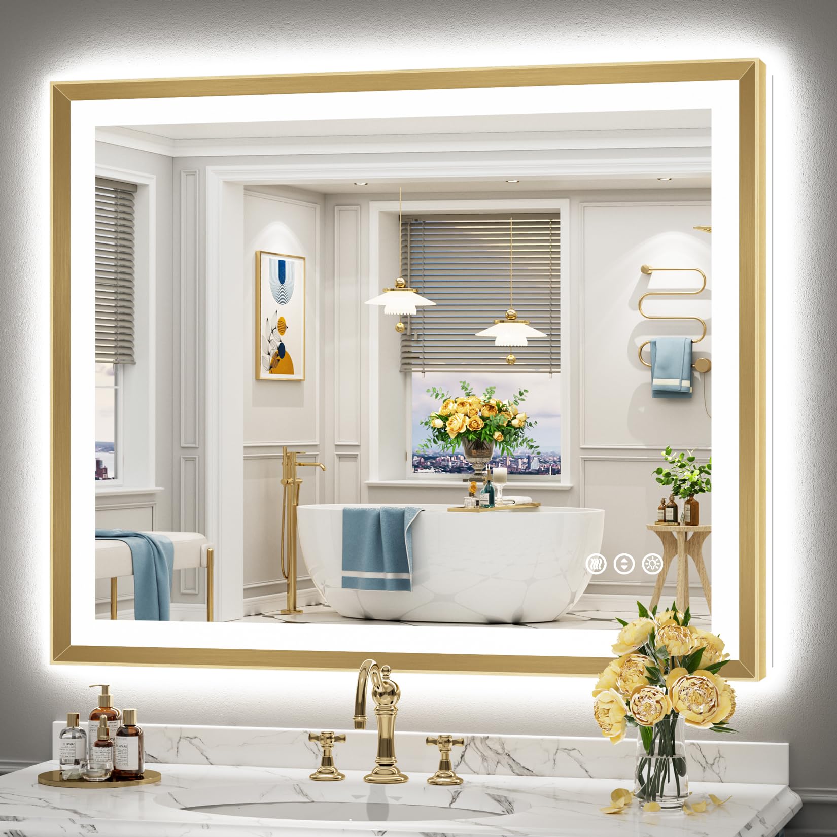 44x36 Gold Beveled LED Lighted Bathroom Mirror, Backlit &amp; Front Lit