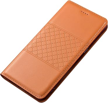 Cover for iPhone 16 Pro Max/16 Pro/16 Plus/16, Genuine Leather Magnetic Flip Wallet Case Shockproof Luxury Business Cover for Women Men,Orange,16
