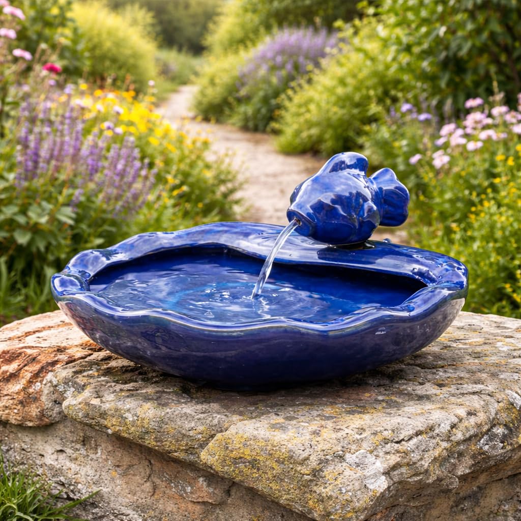 Festive Lights - 37 cm Solar-Keramik-Fischwasserspiel mit glasierter blauer Oberfläche – Gartenbrunnen für den Außenbereich, IP44 bewertet, wetterbeständig – in sich geschlossen, einfache Einrichtung,