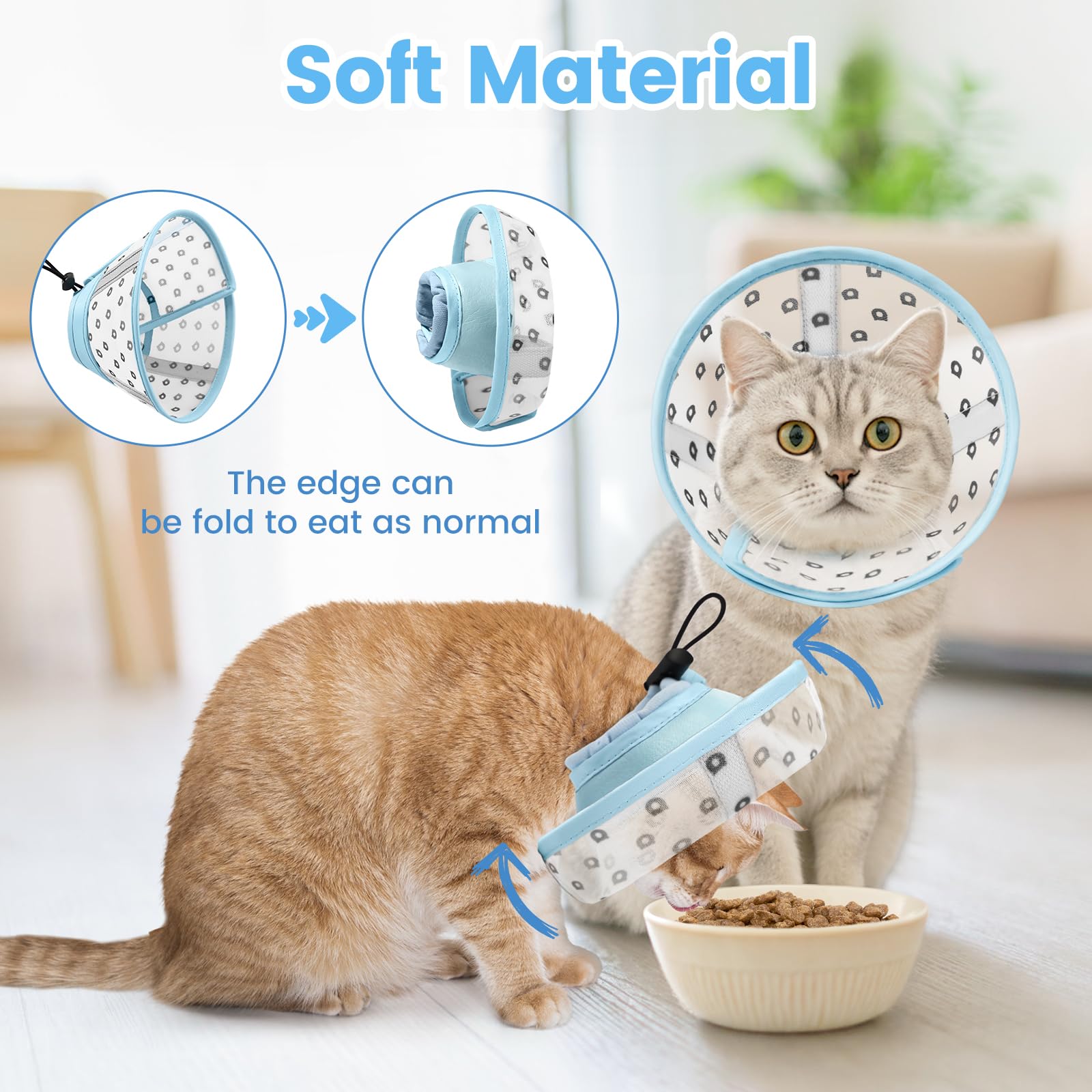 Collerette Chat Anti Léchage et Anti Grattage, Souple en Tissu Respirant, Ajustable, M, Maille Bleu