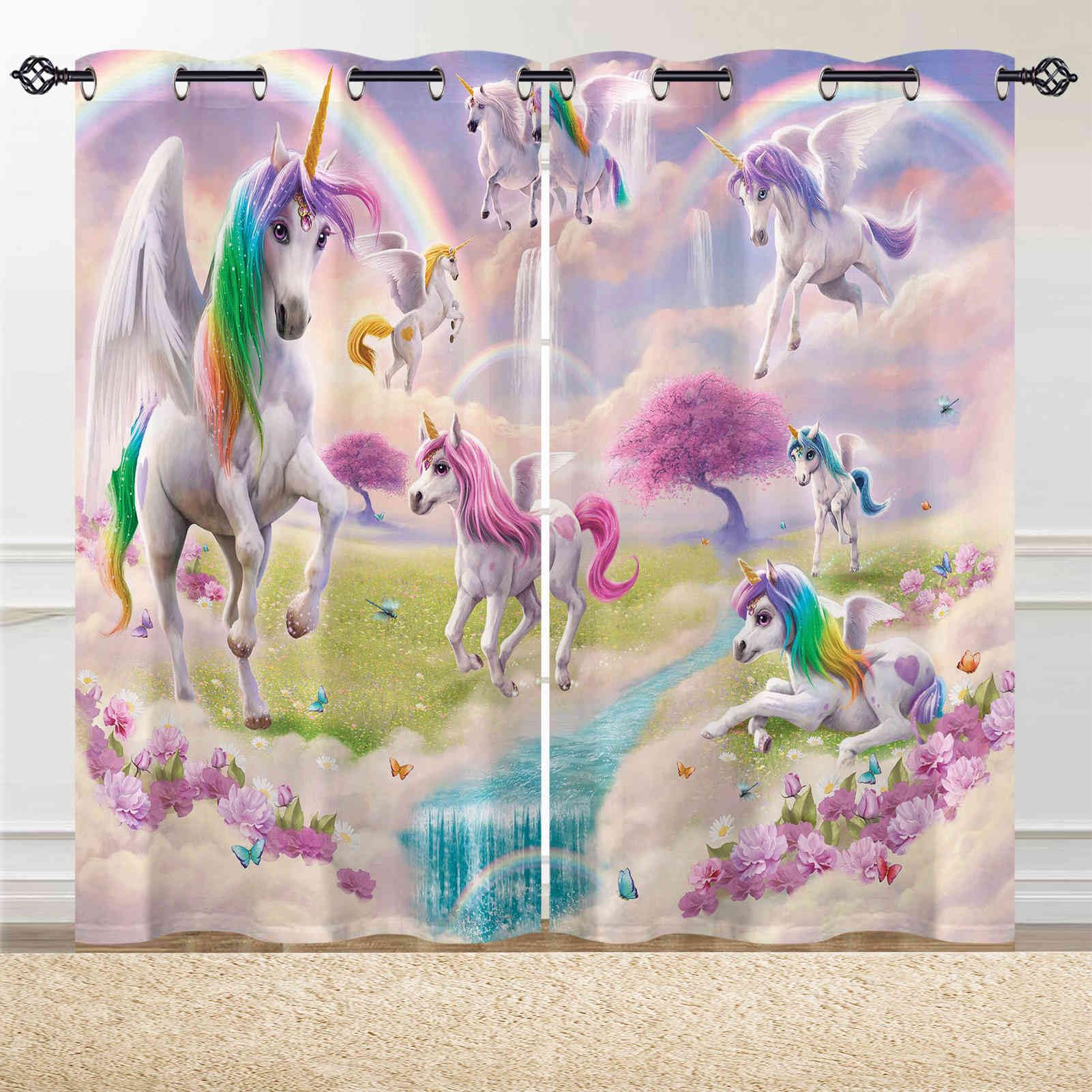 ANHOPE Rideau Occultant Rainbow Licorne Fleur Tenture Opaque à Oeillets Draperies Intérieurs Lot de 2 Rideau Thermique Isolant pour Maison Chambre Salon Fenetre L 140 x H 240 cm