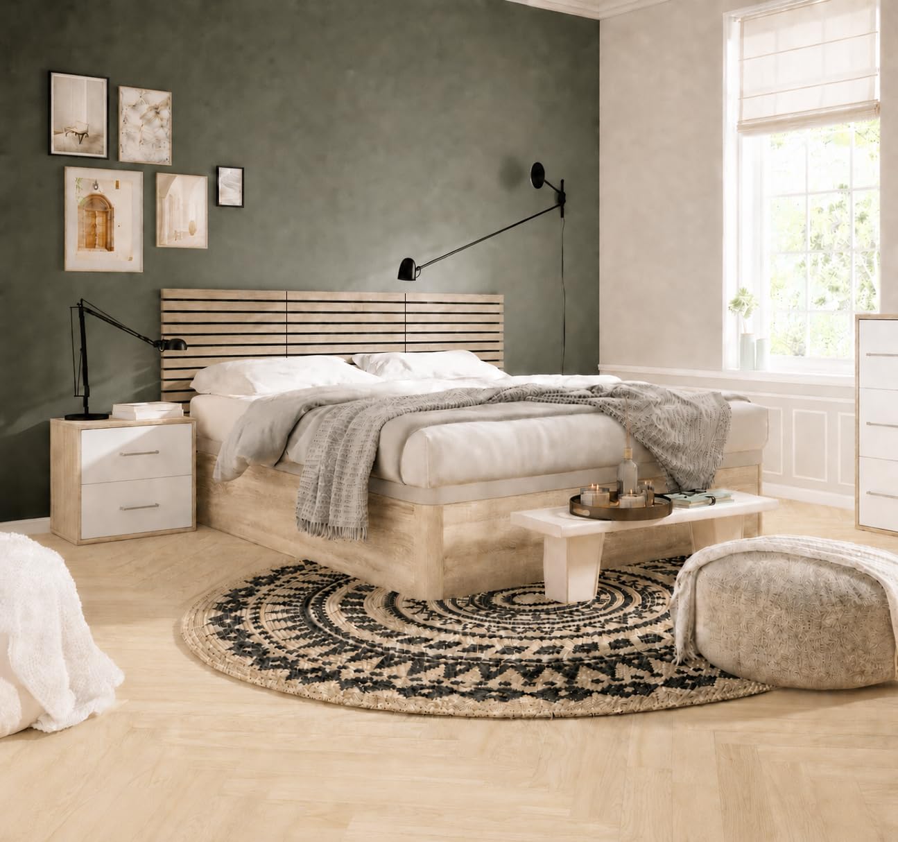 3 Piezas Componen 1 Cabecero de Cama + 12 Tornillos | Cabecero Cama con 2 Posiciones de instalacion | Cabecero Listones Madera | Cabeceros de Madera | Color Tinte Blanco