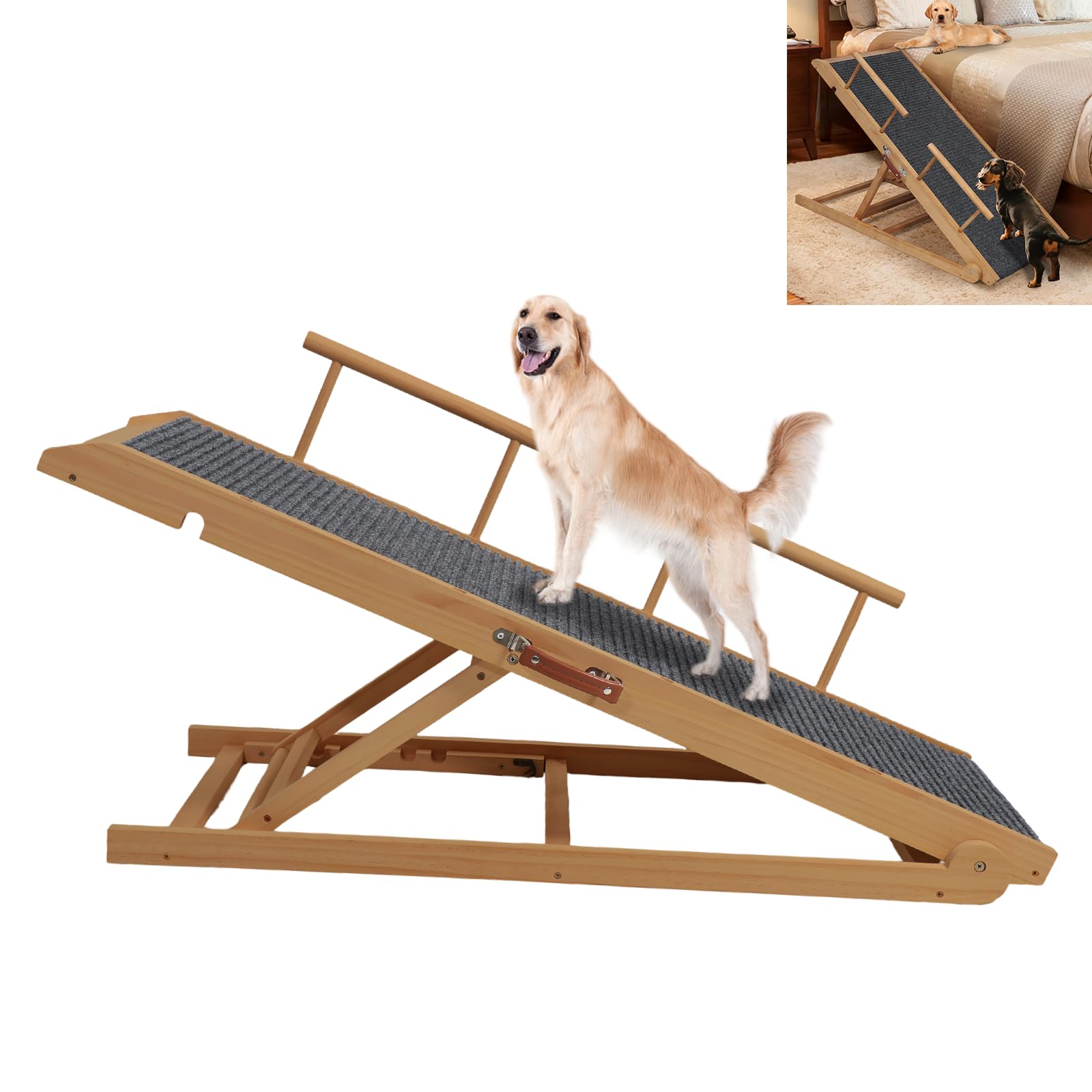 Höhenverstellbare Hunderampe für Bett, Couch, extra breit, 45 cm, tragbare Haustierrampe aus Holz, rutschfeste Hunderampe, 6 verstellbare Höhen für kleine, mittelgroße und große Hunde (Traglast 75 kg)