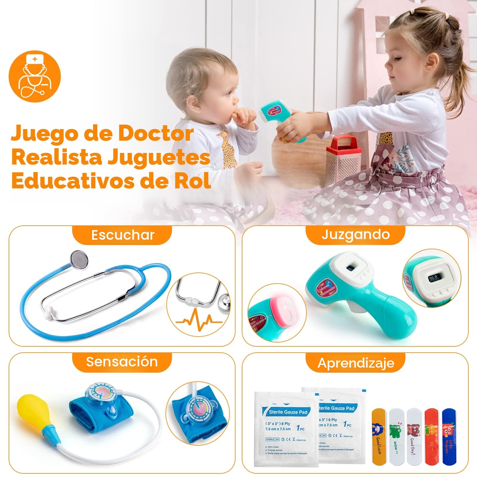 Sundaymot maletin Medico Juguete, Madera Doctora Estetoscopio Juego Herramienta de para Niños, Regalo médico a Partir de 3, 4 y 5 años