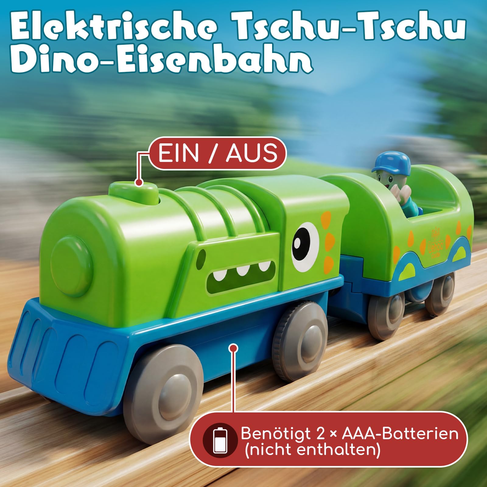 Lehoo Castle Holzeisenbahn mit Elektrischer Lok Dinosaurier, Freizeitpark Holz Eisenbahn Kinder, Holzeisenbahn Zubehör, Holz Spielzeug Geschenk für Kinder ab 3+ Jahre
