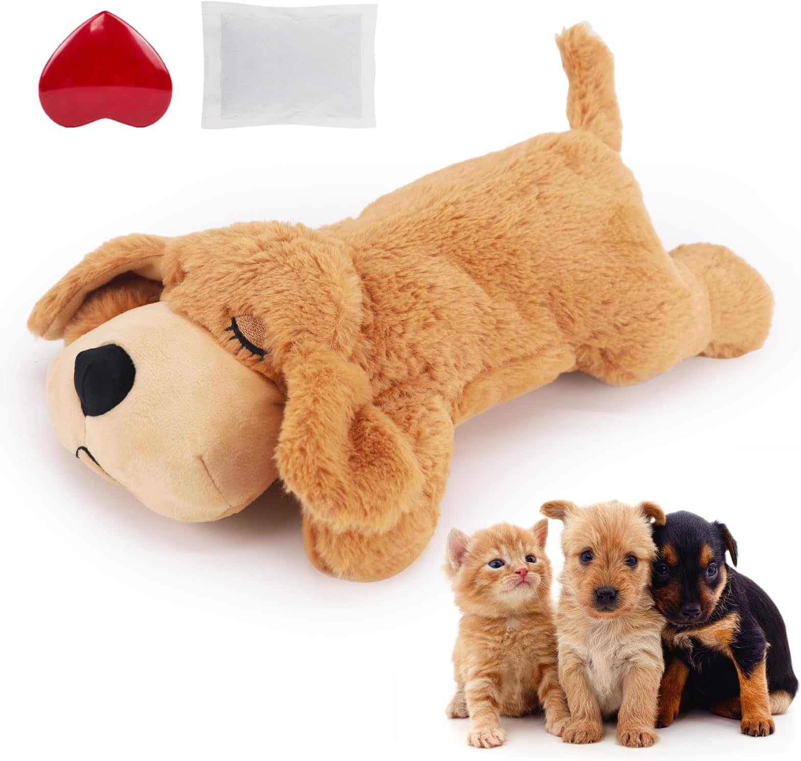 IFOYO Heartbeat Dog Toy, Relieving Dog Anxiety Toy with Calming Heartbeats Sound for Puppies Dogs Cats Separation Anxiety, Puppy Heartbeat Comforter for Behavioral Training (Washable, Light Brown)