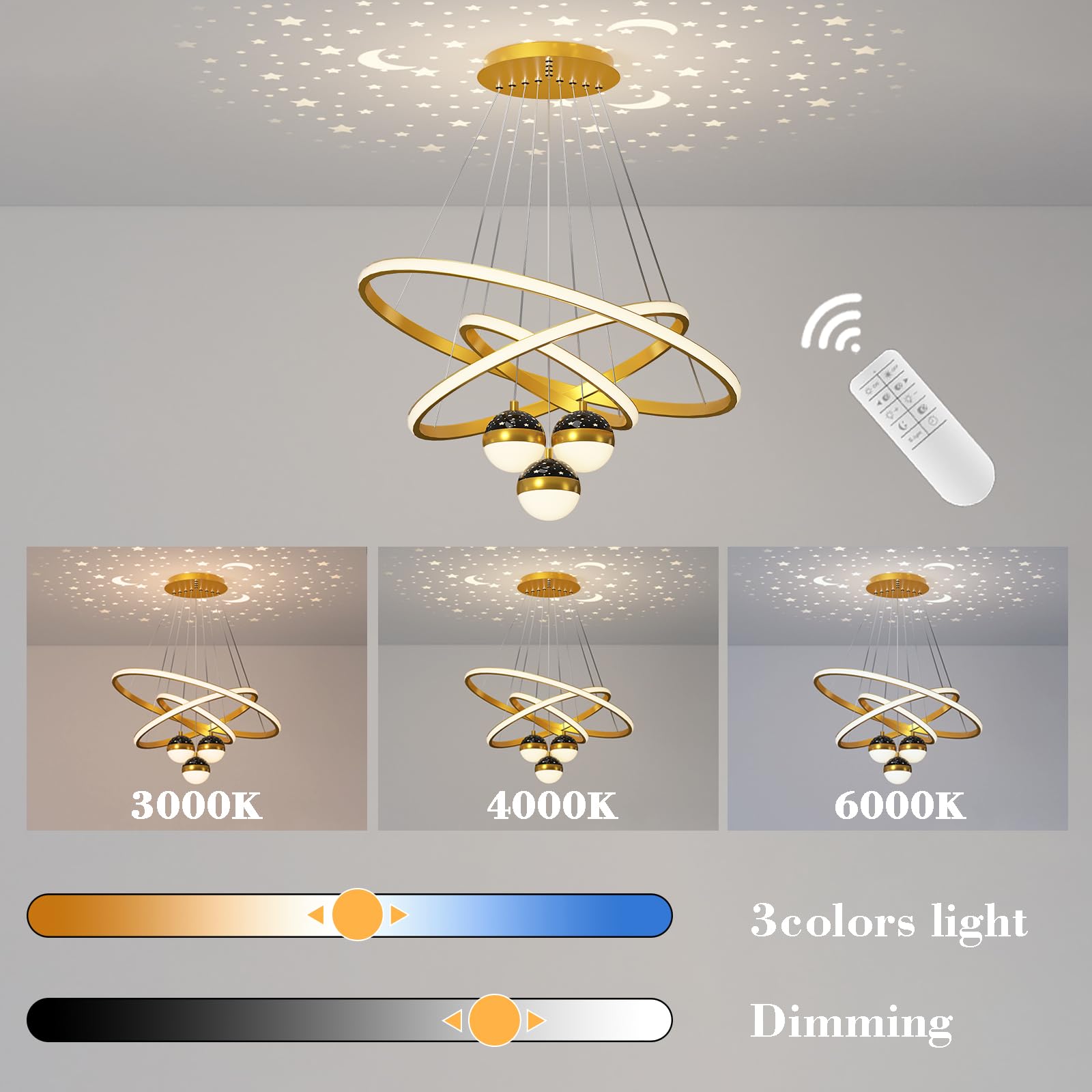 Żyrandole LED, lampa sufitowa, 3 złote lampy na wyspie kuchennej z pilotem zdalnego sterowania, lampa wisząca, 30 + 40 + 60 cm, nowoczesne lampy sufitowe z możliwością przyciemniania pamięci
