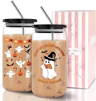 Halloween Tumbler Boo Basket Stuffers, Halloween Gifts for Women Teens Kids, Fall Cups Glass Coffee Mug with Lid & Straw 16 oz, Spooky Cute Ghost Gifts Fall Basket Stuffers Drinking Glasses