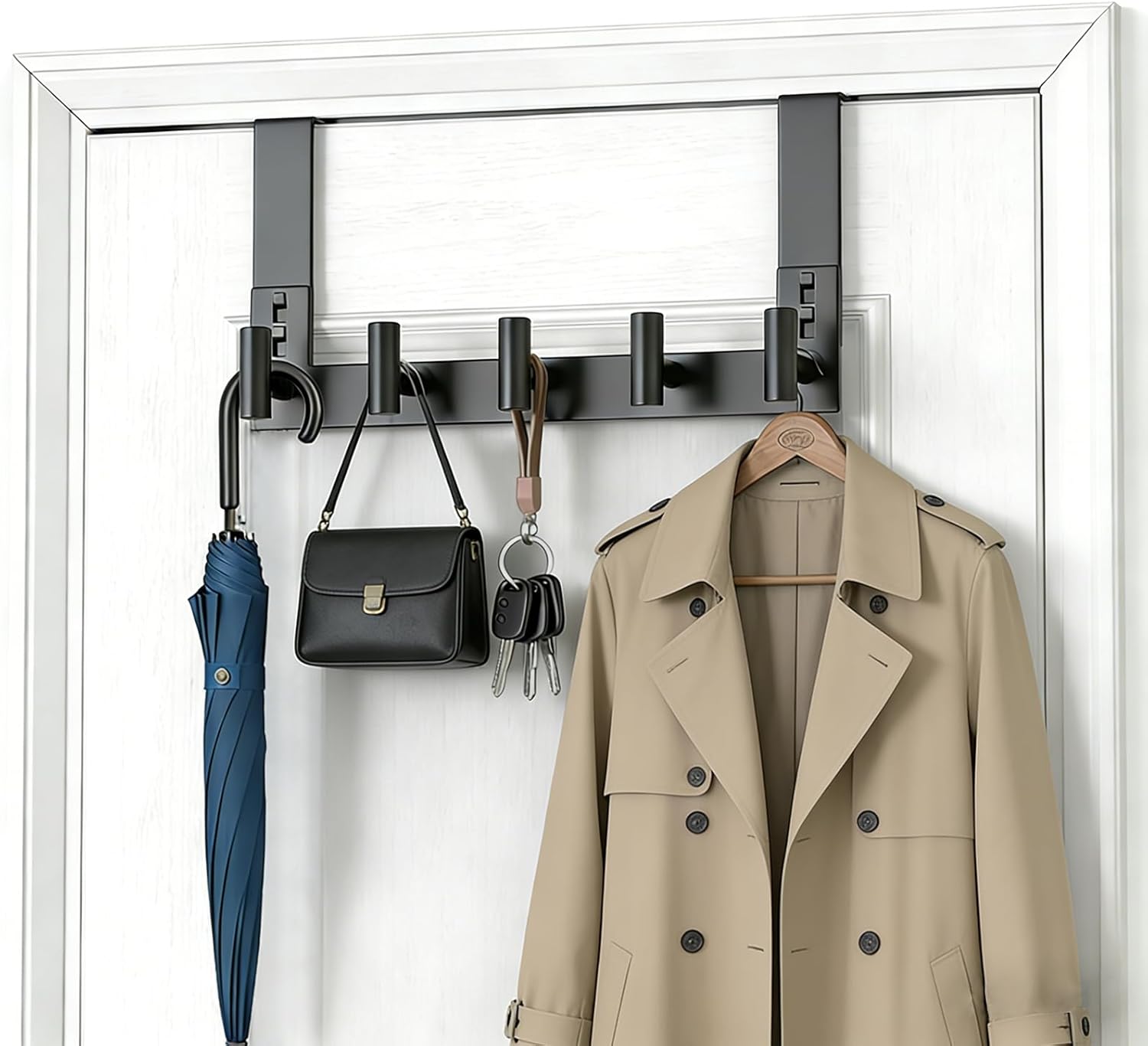 HUFEEOH Over The Door Hooks, Heavy Stainless Steel Coat & Towel Rack, No Drilling Scratch-Free Over Door Hanger Dorm Essentials Bathroom Accessories (Black, Fits 1-3/4" Thick Door - 5 "T Hooks)