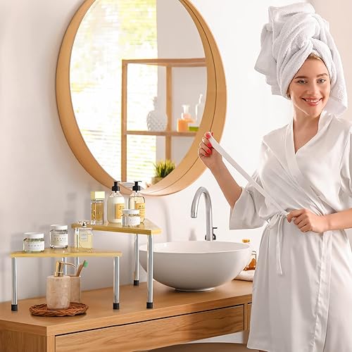 Vista 4 de Weenson Organizador de baño, estante esquinero para encimera, 2 niveles, organizador de especias de bambú, organizador de encimera de cocina