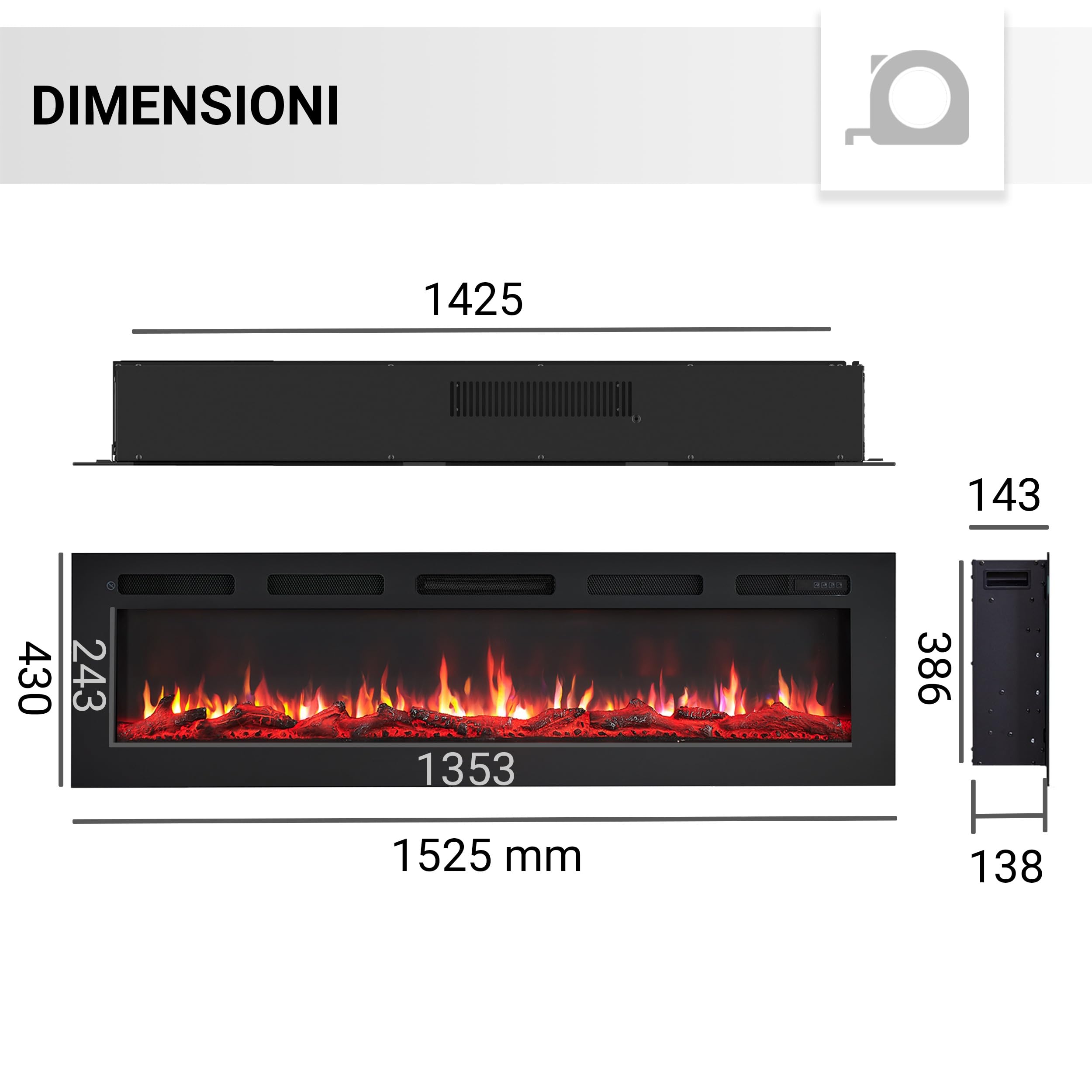 BALDERIA camino elettrico Leif 60"| Caminetto elettrico a pavimento o a muro con riscaldamento 2000 W | Effetto fiamma 3D | Focolare a terra o a parete con telecomando, timer, termostato | Nero
