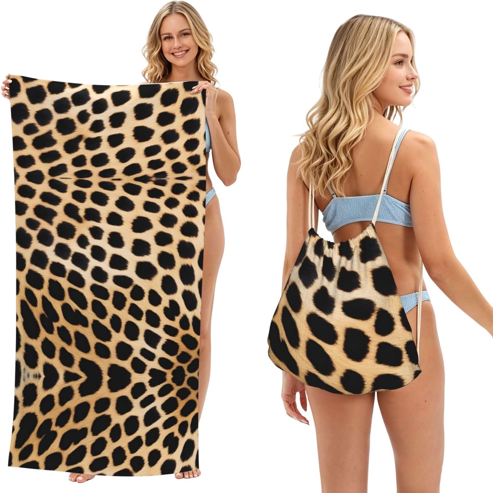 ESNAIUVCD Rough Leopard Print Print Beach Towel For Adults,Towel With Drawstring Bag, Travel Pool Swimming Sports Shower Sand Free Quick Dry Bath Towel For Pool, Beach, Yoga- 180x60cm
