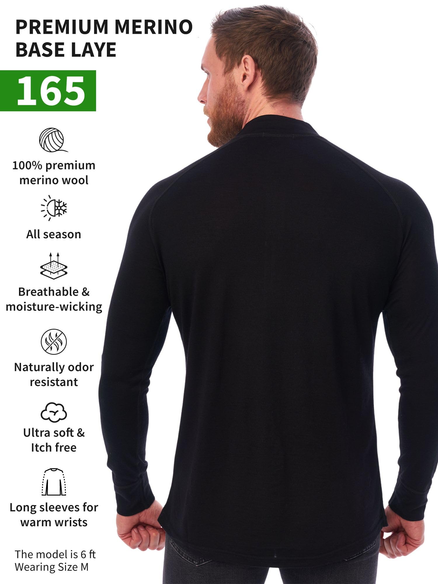 Merino Wool Base Layer Mens - Wool Half Zip Sweater Men - Merino Quarter Zip Sweater Lite, Midweight, Heavyweight and Socks (X-Large, 165 Black)