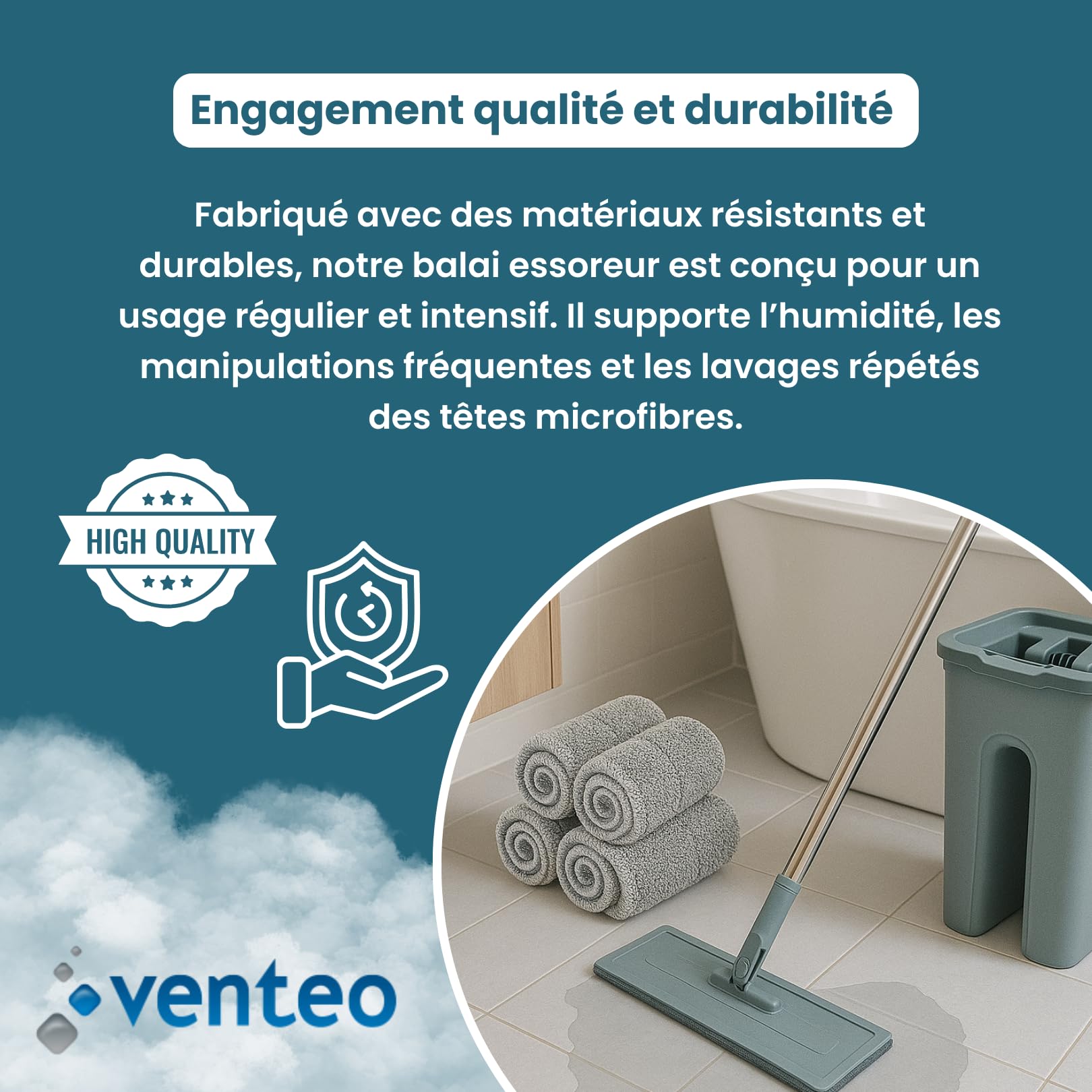 Venteo Balai Autoclean Mop 360° avec Seau Double Compartiment | Serpillière Microfibre Ultra Absorbante | Système de Nettoyage Mains Libres | Balai Serpillère Pivotant pour Sols Durs & Carrelage