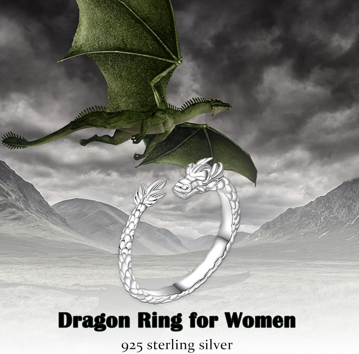 Dragon Ring for Women - 925 Sterling Silver Hypoallergenic Open Adjustable Statement Ring Chinese Dragon Jewelry Animal Gift Men - Image 3