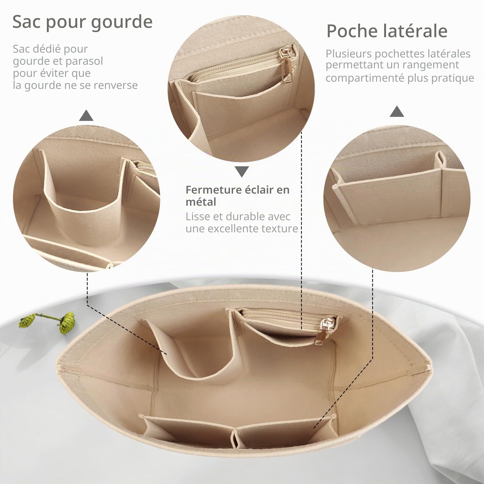 Lckaey Y012 Organiseur de sac à main Le pliage, taille M, beige