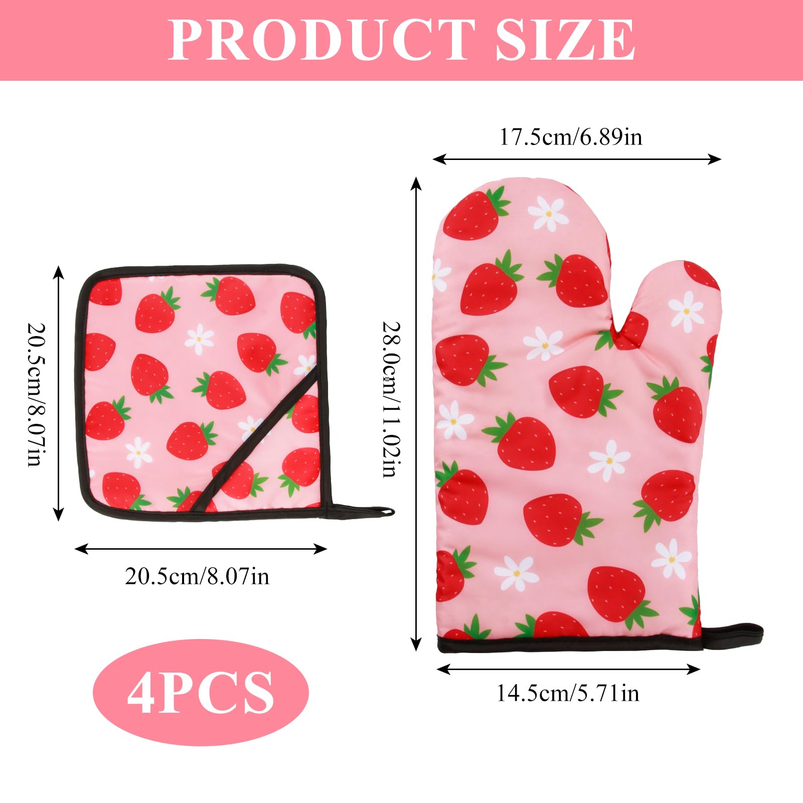 PSC - Juego de 4 manoplas de horno de fresa, decoración de accesorios de cocina de fresa, resistentes al calor para cocinar, hornear, asar a la parrilla y microondas
