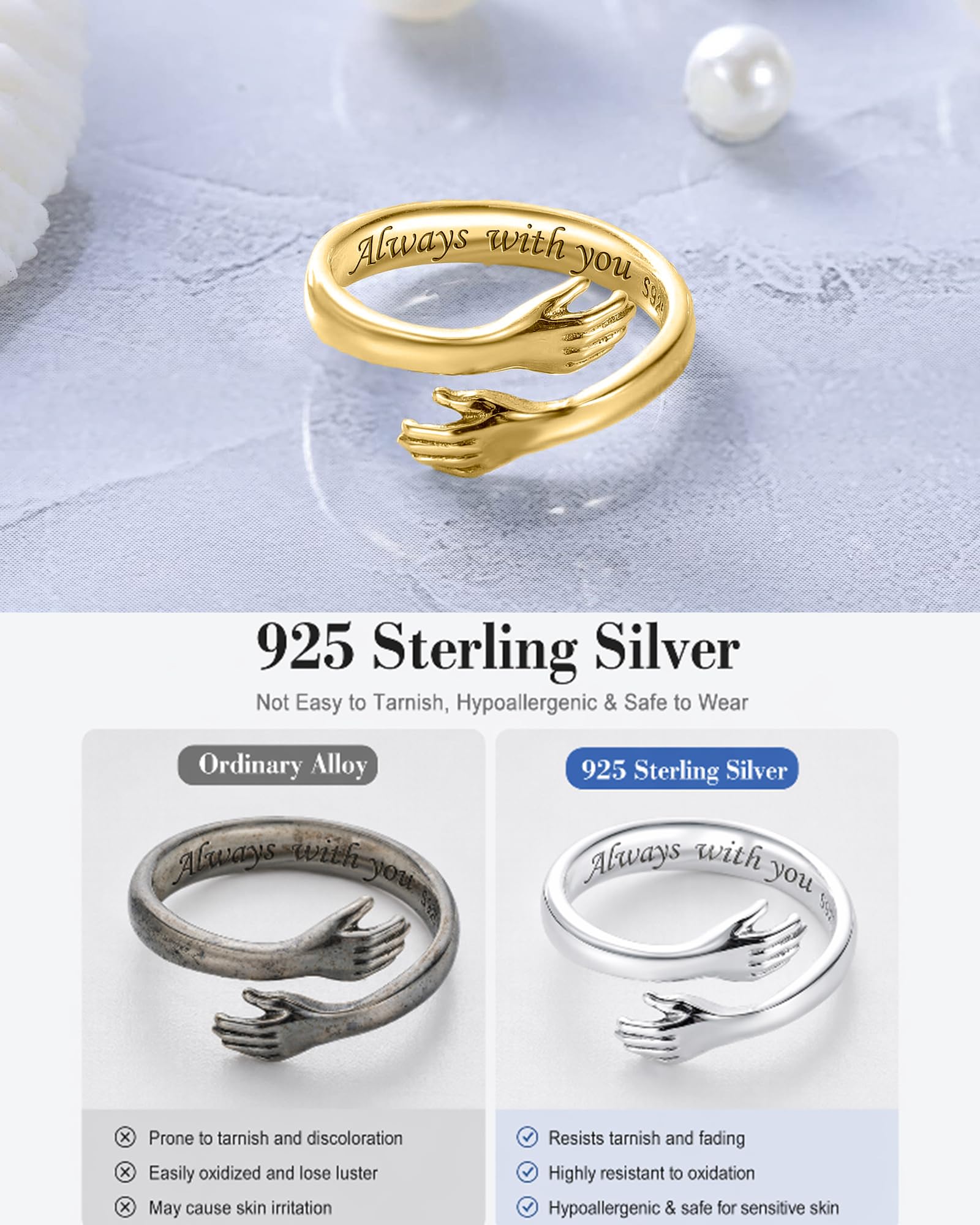 LOVECOM Anillos de plata de ley S925 para mujer, ajustable, abrazando, con manos de esperanza, anillo de amistad, joyería de cumpleaños, regalos de graduación para mamá, esposa, hija, abuela, amigos