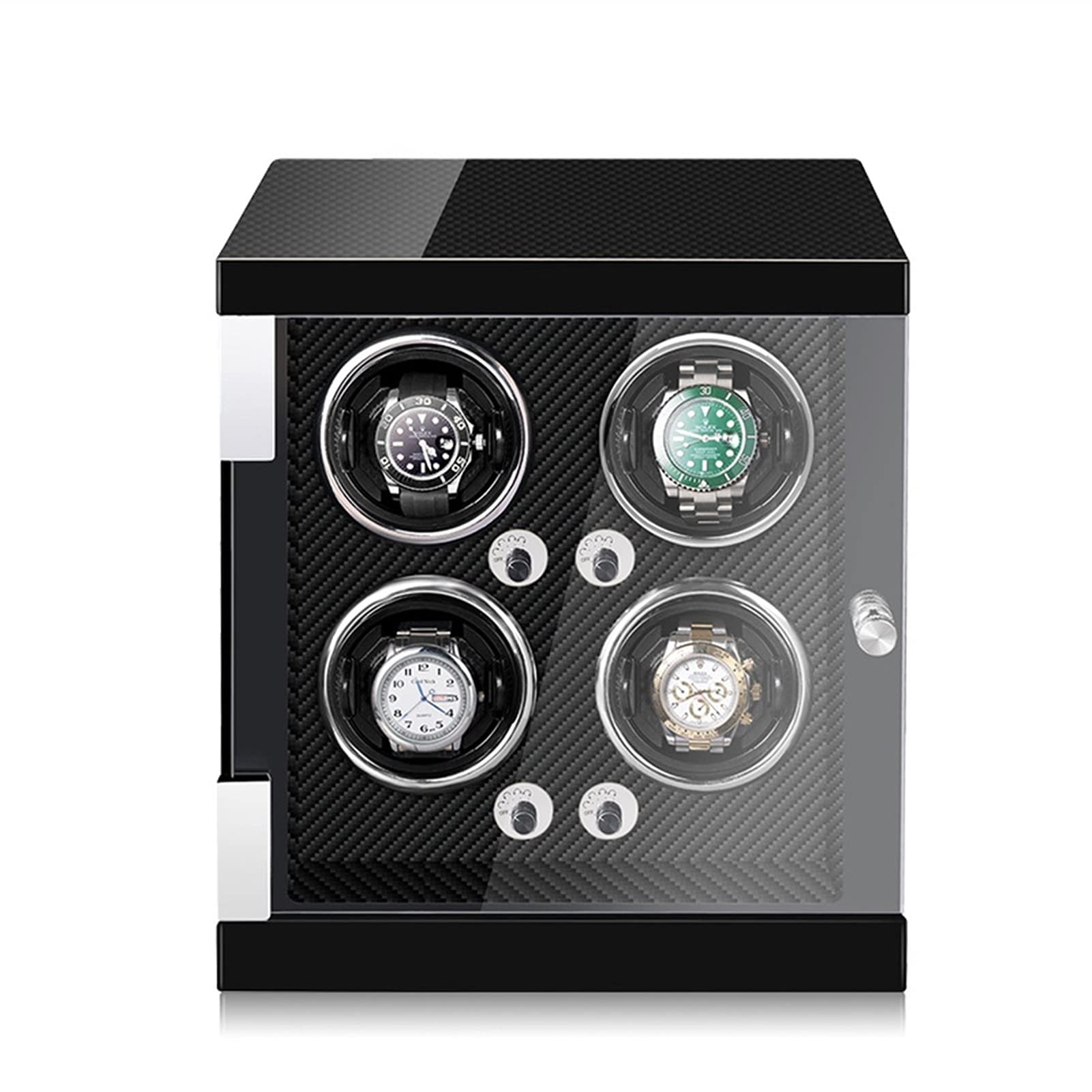 Scatola per Orologi Caricatore per 4 Orologi Automatici Scatola per Orologi con luci a LED Motore Silenzioso Cuscini Regolabili per Orologi da Donna e da Uomo Fibra di ca，Carbon Fiber-4+0