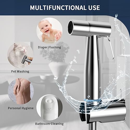 Miniatura 5 de Turlee Pulverizador de bidé de mano para inodoro, adaptador de válvula en T de latón. Pulverizador de chorro de acero inoxidable para juego de