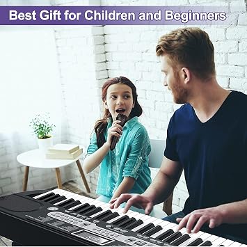 61 Key Keyboard Piano Set for Beginners and Kids, Portable Eletric Keyboard Piano with Stand, Stool, Headphone, Holder, Microphone, Charger, Note Sticker and Carrying Bag